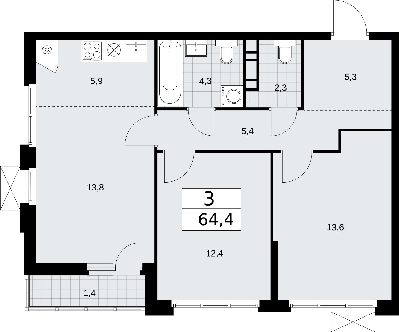 3-комнатная квартира (евро) без отделки, 64.4 м2, 5 этаж, сдача 2 квартал 2026 г., ЖК Бунинские кварталы, корпус 5.4 - объявление 2297689 - фото №1