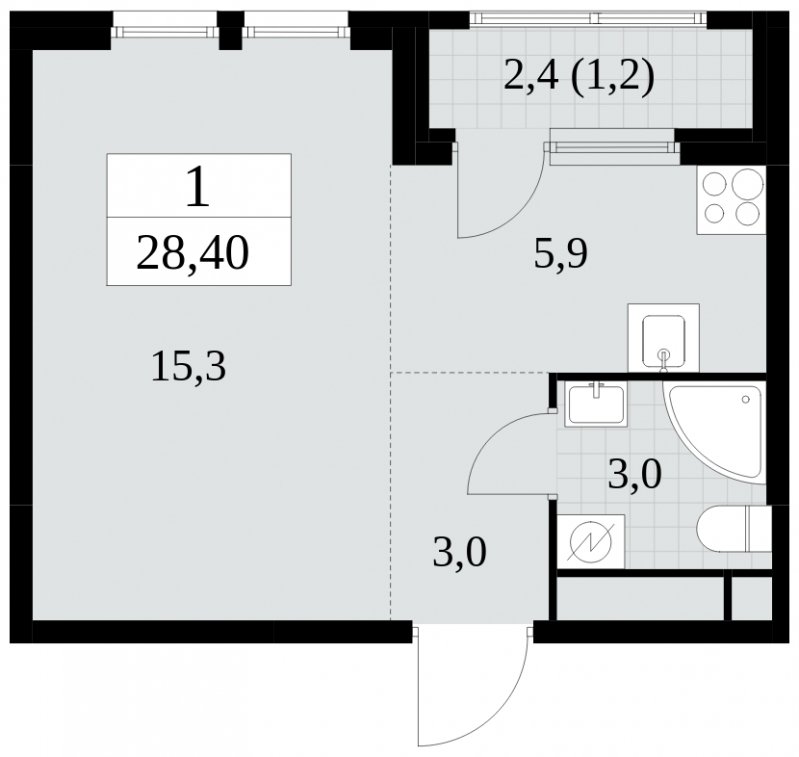 Студия с частичной отделкой, 28.4 м2, 26 этаж, сдача 2 квартал 2025 г., ЖК Южные сады, корпус 2.2 - объявление 1757652 - фото №1