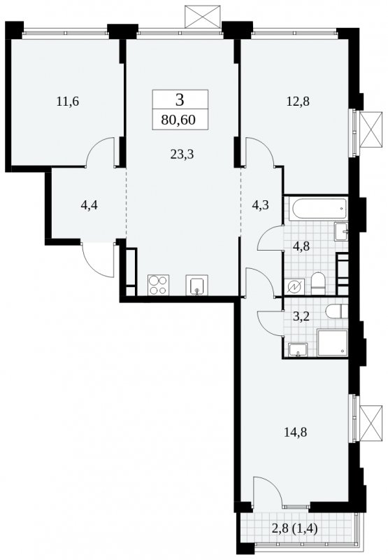3-комнатная квартира без отделки, 80.6 м2, 10 этаж, сдача 4 квартал 2024 г., ЖК Скандинавия, корпус 2.27.3 - объявление 1840493 - фото №1