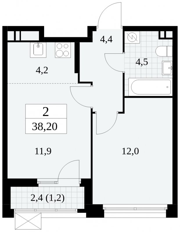 2-комнатная квартира (евро) без отделки, 38.2 м2, 3 этаж, сдача 4 квартал 2024 г., ЖК Скандинавия, корпус 2.27.3 - объявление 1840560 - фото №1