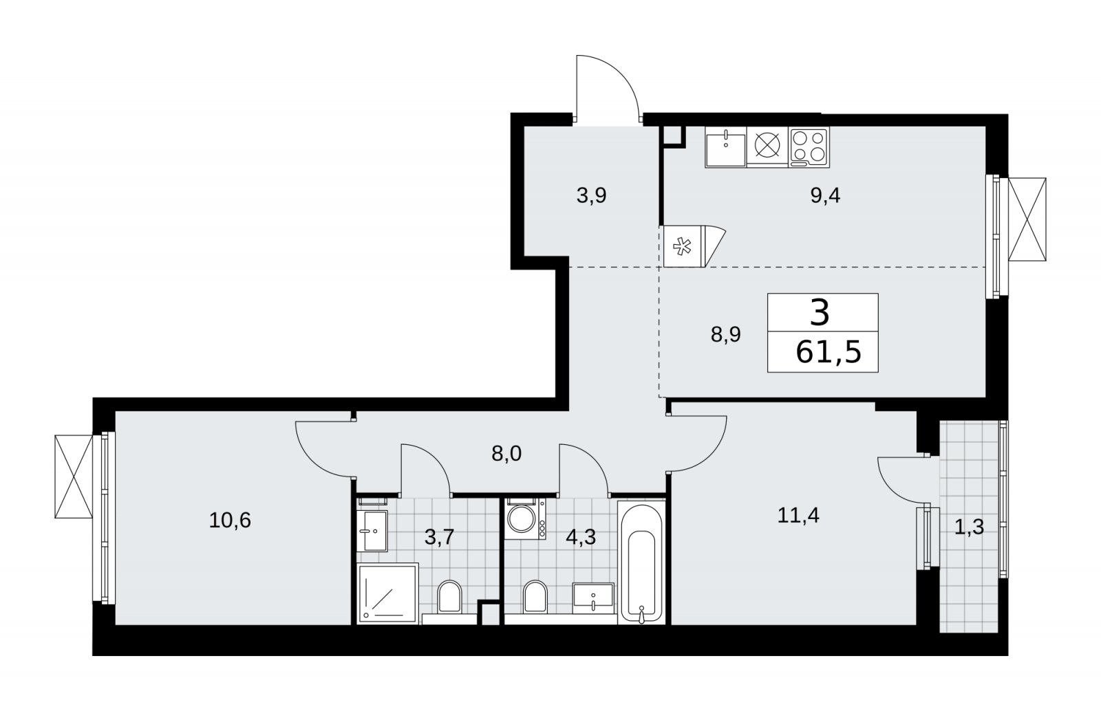 3-комнатная квартира (евро) без отделки, 61.5 м2, 2 этаж, сдача 1 квартал 2026 г., ЖК Прокшино, корпус 11.2.1 - объявление 2269893 - фото №1