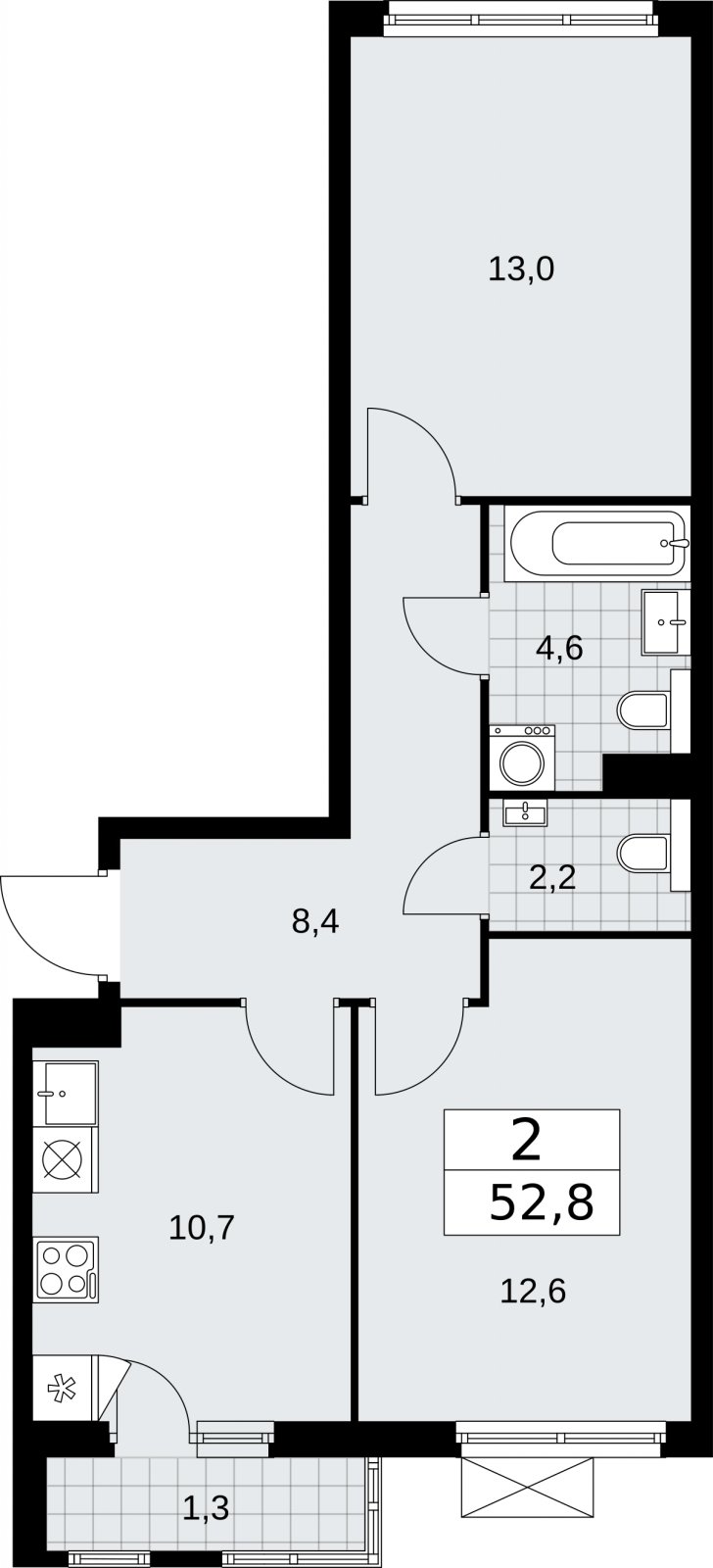 2-комнатная квартира с полной отделкой, 52.8 м2, 4 этаж, сдача 2 квартал 2026 г., ЖК Бунинские кварталы, корпус 7.1 - объявление 2319350 - фото №1