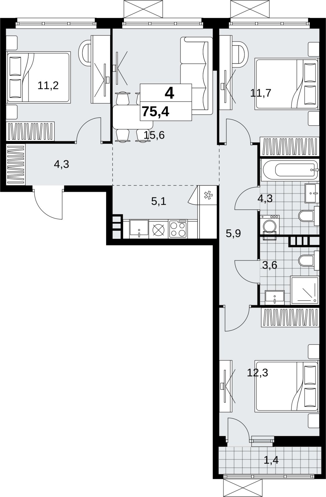 4-комнатная квартира (евро) без отделки, 75.4 м2, 4 этаж, сдача 4 квартал 2026 г., ЖК Скандинавия, корпус 2.18.2.4 - объявление 2351486 - фото №1