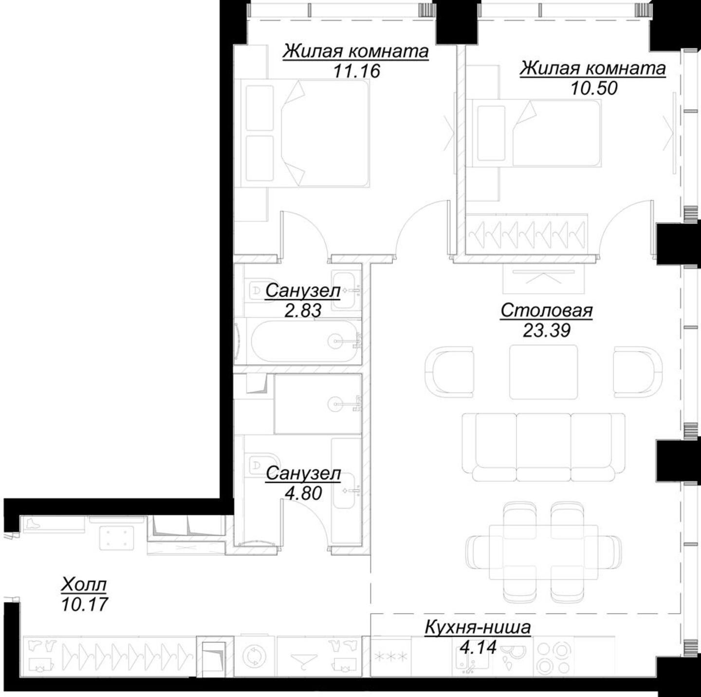 2-комнатная квартира с частичной отделкой, 66.57 м2, 22 этаж, сдача 4 квартал 2024 г., ЖК MOD, корпус Mann - объявление 2191607 - фото №1