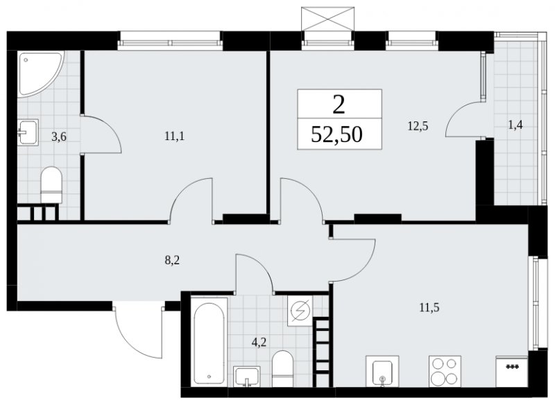 2-комнатная квартира с частичной отделкой, 52.5 м2, 5 этаж, сдача 1 квартал 2025 г., ЖК Дзен-кварталы, корпус 1.2 - объявление 1895643 - фото №1
