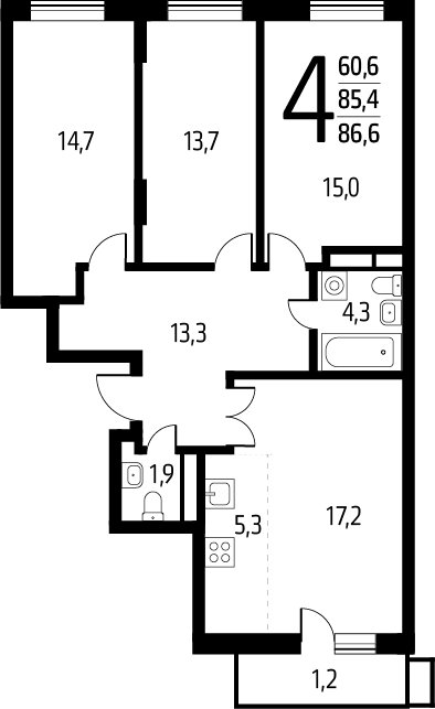 4-комнатная квартира с полной отделкой, 86.6 м2, 8 этаж, сдача 1 квартал 2025 г., ЖК Новые Ватутинки. Заречный, корпус 5/3 - объявление 2295782 - фото №1