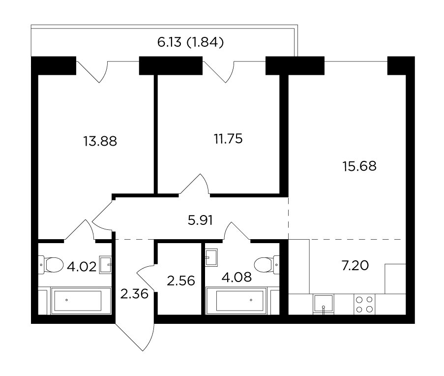 3-комнатная квартира без отделки, 69.28 м2, 13 этаж, дом сдан, ЖК FORIVER, корпус 3 - объявление 2371246 - фото №1