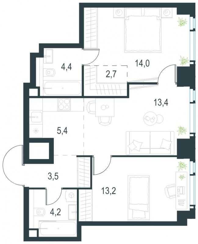 3-комнатная квартира без отделки, 60.8 м2, 45 этаж, сдача 2 квартал 2025 г., ЖК Level Мичуринский, корпус 1 - объявление 1814857 - фото №1