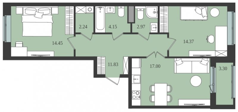 2-комнатная квартира без отделки, 68.66 м2, 1 этаж, сдача 1 квартал 2024 г., ЖК Мишино-2, корпус 8 - объявление 1812169 - фото №1