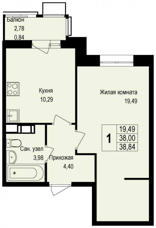 1-комнатная квартира без отделки, 39 м2, 2 этаж, дом сдан, ЖК Новая Щербинка, корпус 13 - объявление 1631264 - фото №1