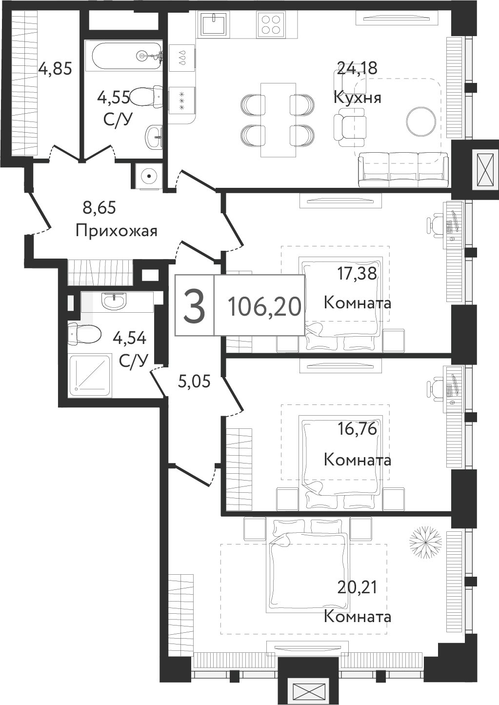 3-комнатная квартира без отделки, 106.2 м2, 2 этаж, сдача 3 квартал 2023 г., ЖК Dream Towers, корпус 1 - объявление 2261242 - фото №1