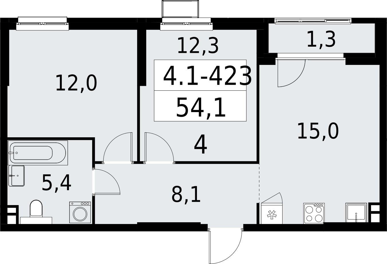 2-комнатная квартира с полной отделкой, 54.1 м2, 3 этаж, сдача 2 квартал 2027 г., ЖК Южные сады, корпус 4.1.2 - объявление 2392929 - фото №1