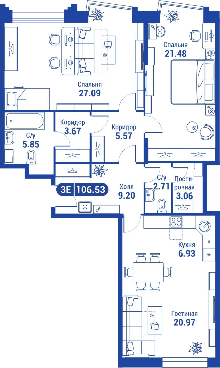 3-комнатная квартира без отделки, 106 м2, 3 этаж, дом сдан, ЖК iLove, корпус 3 - объявление 2047373 - фото №1