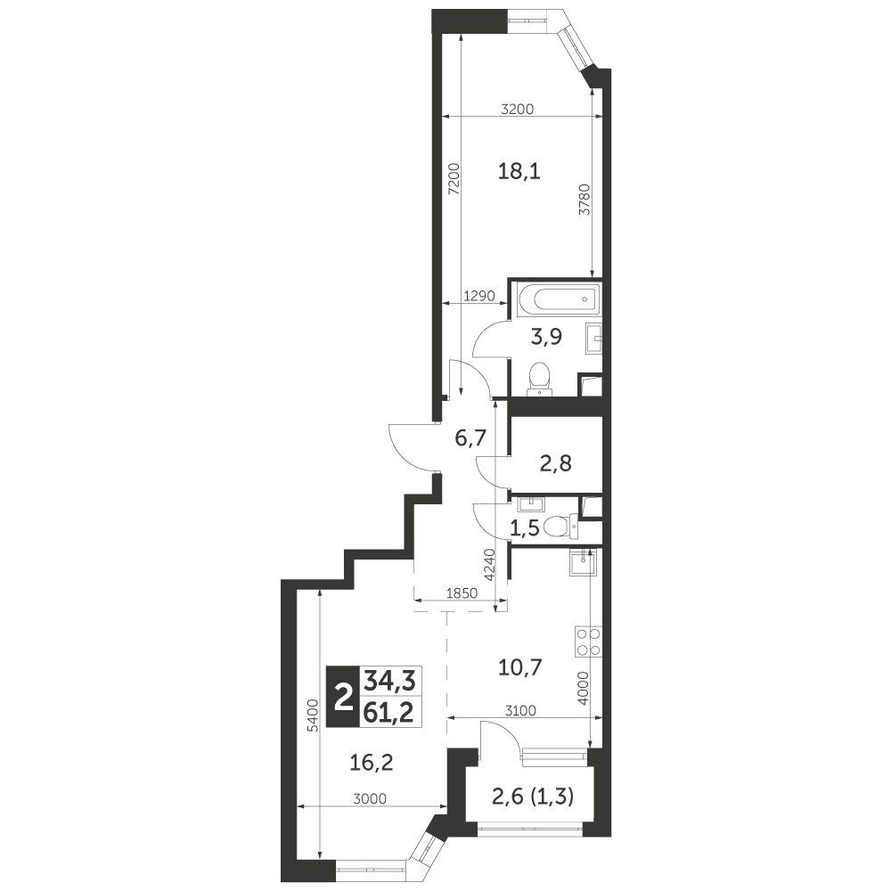 2-комнатная квартира с частичной отделкой, 61.2 м2, 15 этаж, сдача 4 квартал 2023 г., ЖК Архитектор, корпус 3 - объявление 2275963 - фото №1