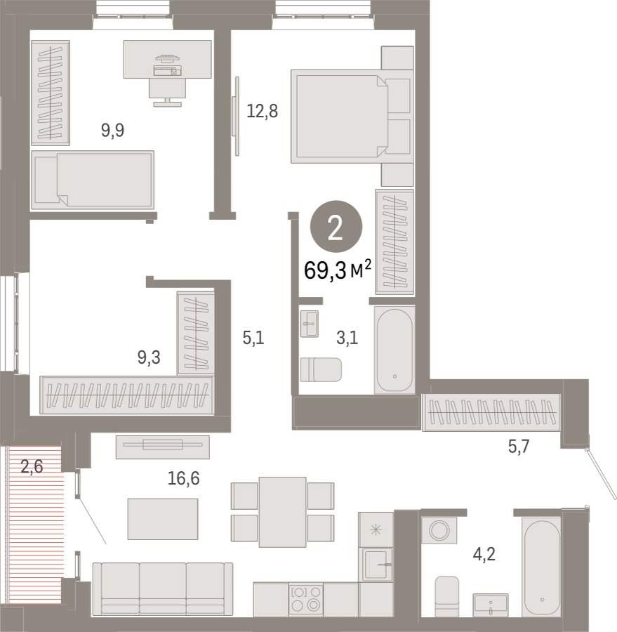 3-комнатная квартира с частичной отделкой, 69.3 м2, 5 этаж, сдача 3 квартал 2026 г., ЖК Квартал Метроном, корпус 1 - объявление 2300655 - фото №1