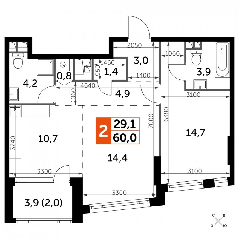 2-комнатная квартира с частичной отделкой, 59.9 м2, 25 этаж, сдача 4 квартал 2024 г., ЖК ROTTERDAM, корпус 2.3 - объявление 1954395 - фото №1