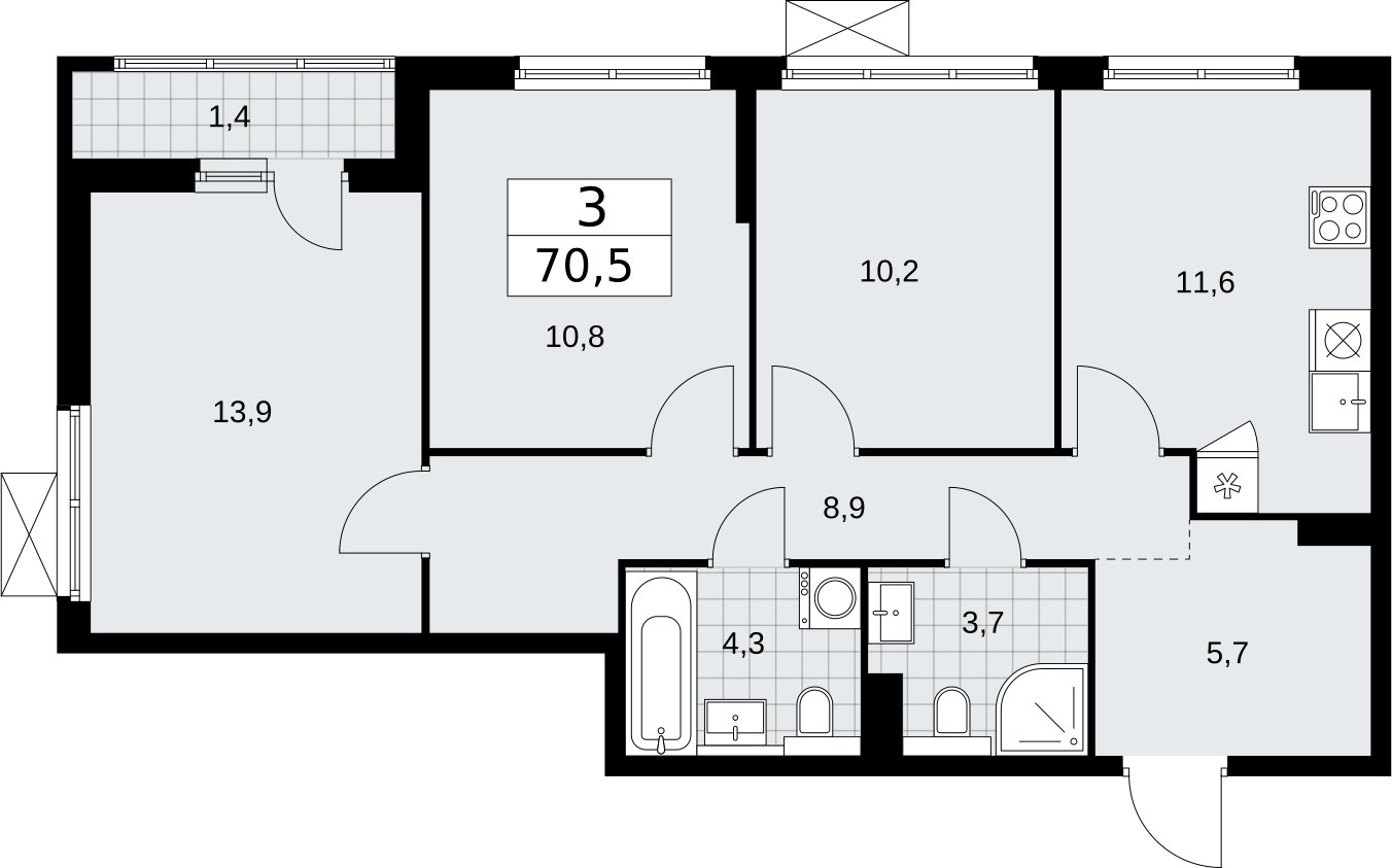 3-комнатная квартира без отделки, 70.5 м2, 3 этаж, сдача 2 квартал 2026 г., ЖК Бунинские кварталы, корпус 7.3 - объявление 2313843 - фото №1