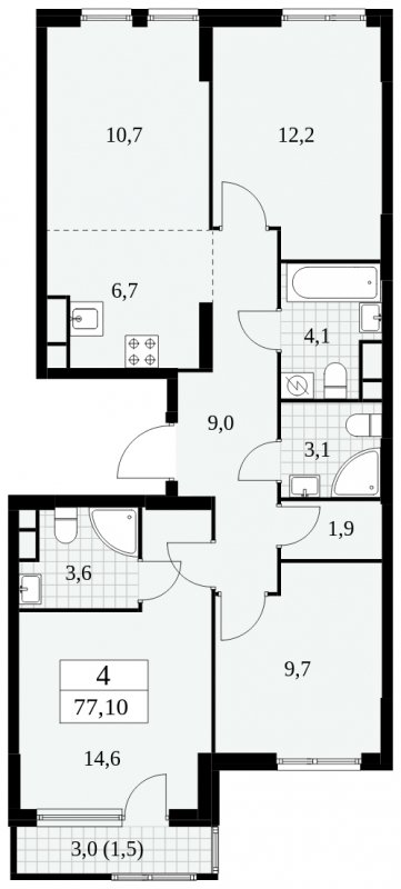 4-комнатная квартира (евро) без отделки, 77.1 м2, 3 этаж, сдача 2 квартал 2025 г., ЖК Южные сады, корпус 2.4 - объявление 1760428 - фото №1