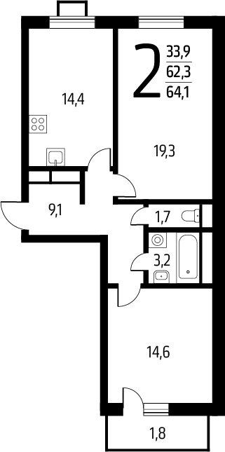 2-комнатная квартира без отделки, 64.1 м2, 4 этаж, сдача 1 квартал 2025 г., ЖК Новые Ватутинки. Заречный, корпус 5/3 - объявление 2272043 - фото №1