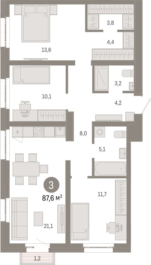 3-комнатная квартира с частичной отделкой, 87.6 м2, 4 этаж, сдача 3 квартал 2026 г., ЖК Квартал Метроном, корпус 1 - объявление 2330954 - фото №1