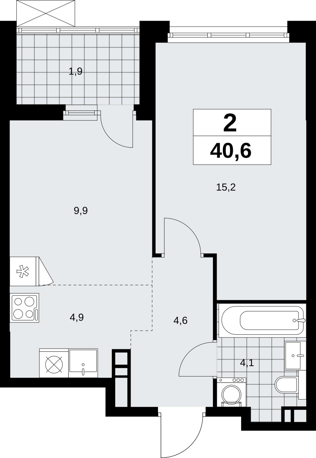 2-комнатная квартира (евро) без отделки, 40.6 м2, 3 этаж, сдача 4 квартал 2026 г., ЖК Скандинавия, корпус 2.18.2.6 - объявление 2351720 - фото №1