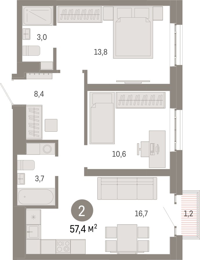 2-комнатная квартира 57.4 м2, 17 этаж, сдача 3 квартал 2026 г., ЖК Квартал Метроном, корпус 1 - объявление 2386355 - фото №1