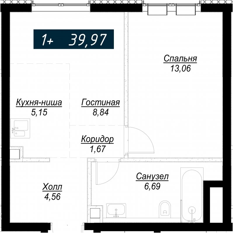 1-комнатная квартира с полной отделкой, 39.97 м2, 12 этаж, сдача 4 квартал 2022 г., ЖК Селигер Сити, корпус Кандинский - объявление 1709441 - фото №1