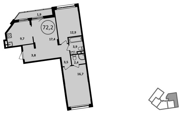 3-комнатная квартира без отделки, 72.2 м2, 8 этаж, сдача 4 квартал 2022 г., ЖК Испанские кварталы, корпус 5.1 - объявление 1409292 - фото №1