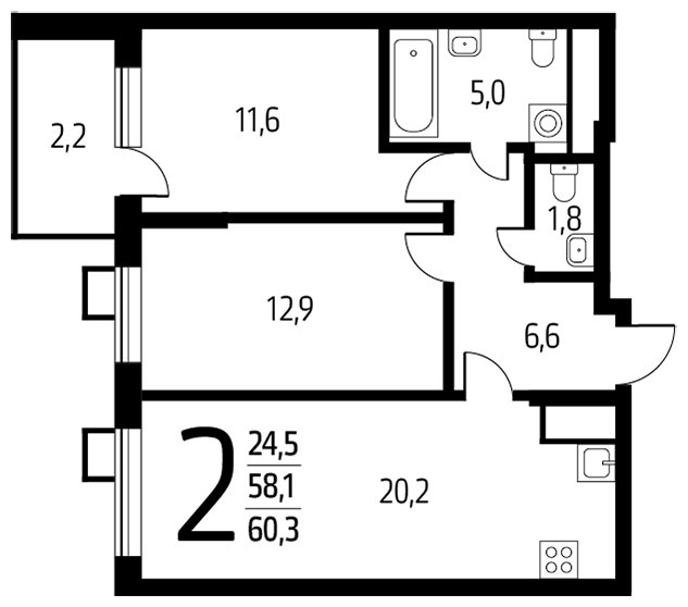 2-комнатная квартира с полной отделкой, 60.3 м2, 9 этаж, сдача 1 квартал 2024 г., ЖК Новые Ватутинки. Центральный, корпус 9/3 - объявление 1674637 - фото №1