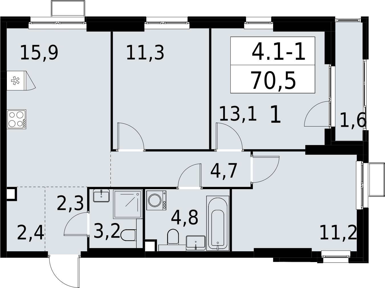 3-комнатная квартира с полной отделкой, 70.5 м2, 2 этаж, сдача 2 квартал 2027 г., ЖК Южные сады, корпус 4.1.1 - объявление 2392545 - фото №1