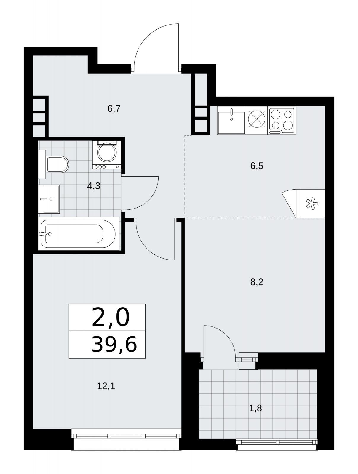 2-комнатная квартира (евро) с частичной отделкой, 39.6 м2, 7 этаж, сдача 2 квартал 2026 г., ЖК Дзен-кварталы, корпус 3.5 - объявление 2242412 - фото №1