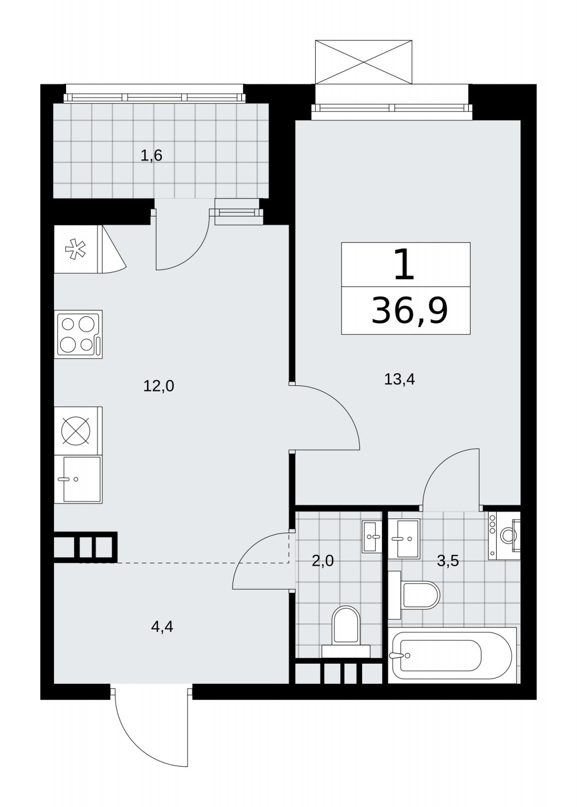 1-комнатная квартира без отделки, 36.9 м2, 8 этаж, сдача 1 квартал 2026 г., ЖК Дзен-кварталы, корпус 4.3 - объявление 2251727 - фото №1