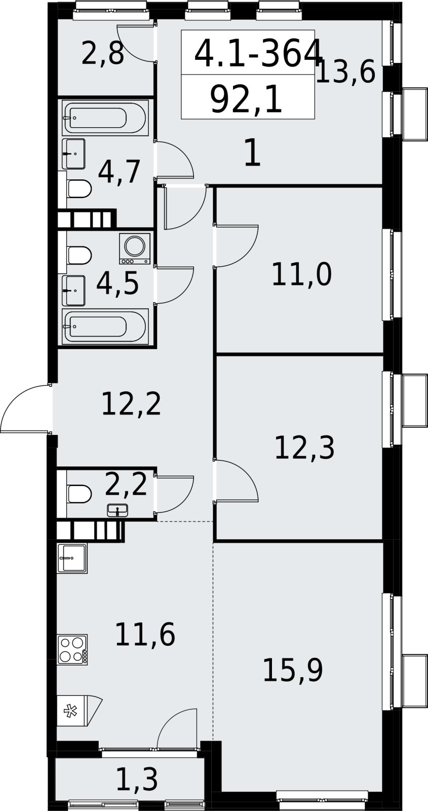4-комнатная квартира (евро) с полной отделкой, 92.1 м2, 21 этаж, сдача 2 квартал 2027 г., ЖК Южные сады, корпус 4.1.2 - объявление 2392872 - фото №1