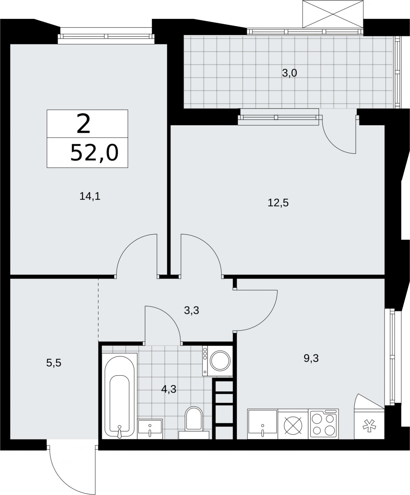 2-комнатная квартира без отделки, 52 м2, 17 этаж, сдача 2 квартал 2026 г., ЖК Бунинские кварталы, корпус 5.2 - объявление 2297442 - фото №1
