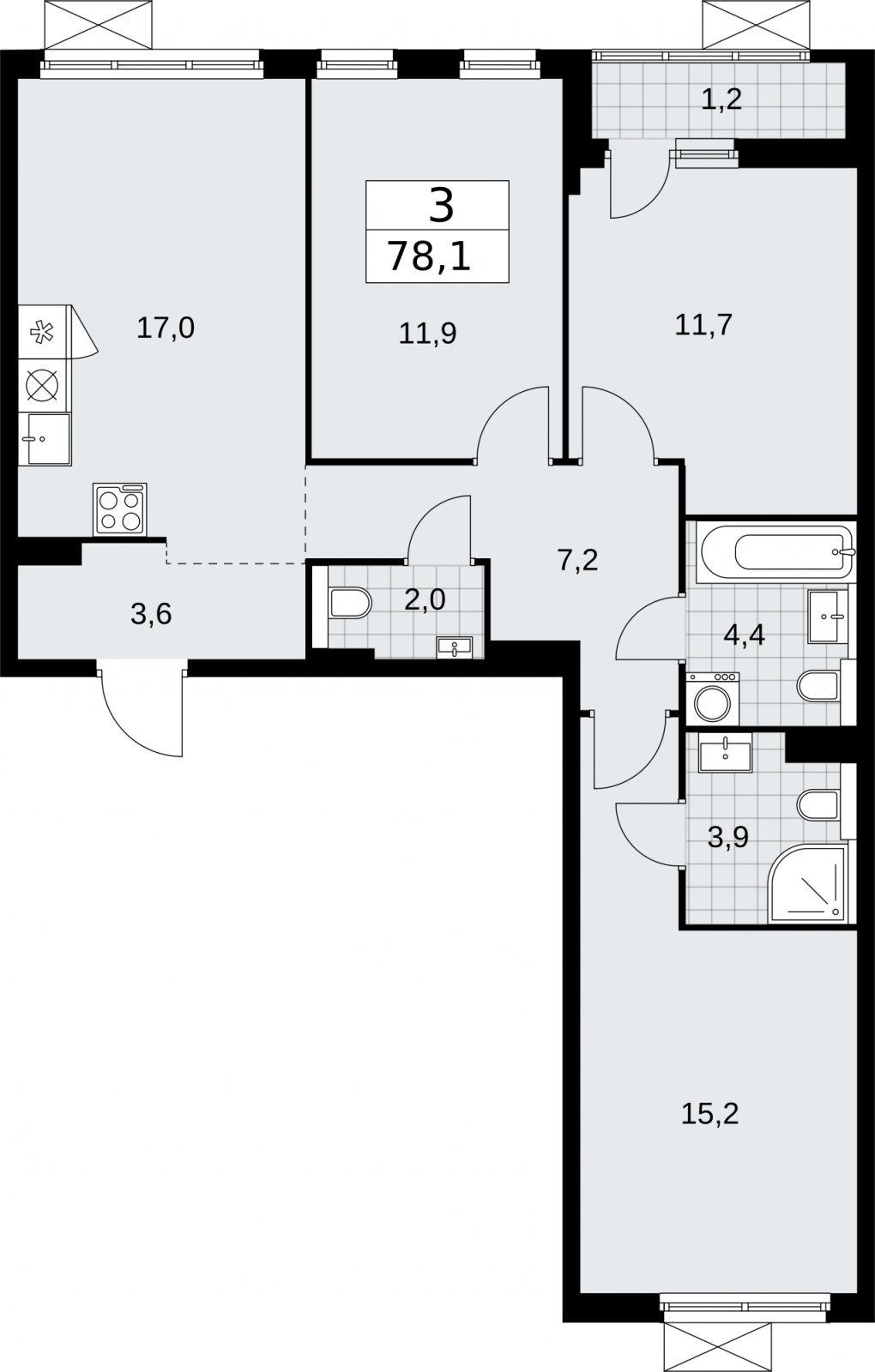 3-комнатная квартира без отделки, 78.1 м2, 5 этаж, сдача 2 квартал 2026 г., ЖК Бунинские кварталы, корпус 7.3 - объявление 2313860 - фото №1