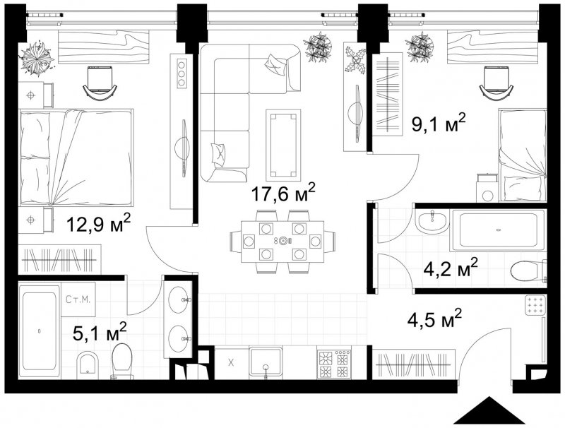 2-комнатная квартира без отделки, 53.5 м2, 10 этаж, сдача 4 квартал 2022 г., ЖК Kazakov Grand Loft, корпус 1 - объявление 1515653 - фото №1