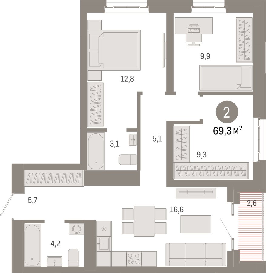 3-комнатная квартира с частичной отделкой, 69.3 м2, 7 этаж, сдача 3 квартал 2026 г., ЖК Квартал Метроном, корпус 1 - объявление 2300662 - фото №1