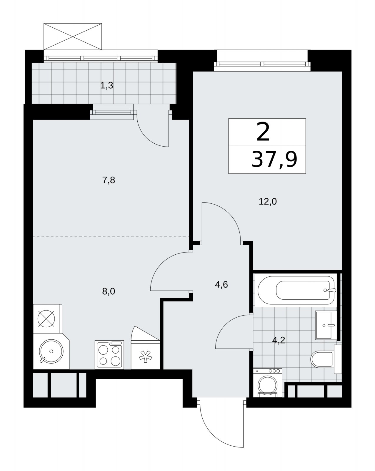 2-комнатная квартира (евро) без отделки, 37.9 м2, 15 этаж, сдача 2 квартал 2026 г., ЖК Скандинавия, корпус 25.5 - объявление 2283744 - фото №1