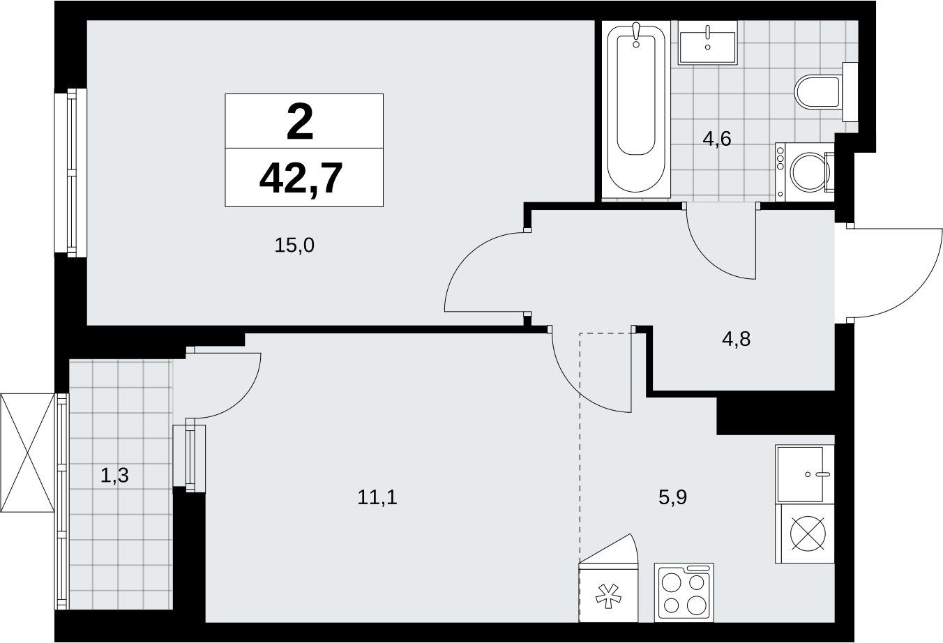 2-комнатная квартира (евро) с полной отделкой, 42.7 м2, 10 этаж, сдача 3 квартал 2026 г., ЖК Дзен-кварталы, корпус 6.1.4 - объявление 2328224 - фото №1