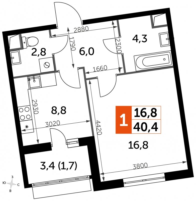 1-комнатная квартира без отделки, 40.4 м2, 1 этаж, сдача 3 квартал 2023 г., ЖК UP-квартал Римский, корпус 7 - объявление 1533721 - фото №1