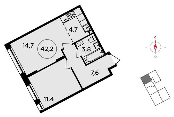 2-комнатная квартира (евро) без отделки, 42.2 м2, 2 этаж, сдача 3 квартал 2023 г., ЖК Прокшино, корпус 4.4 - объявление 1883092 - фото №1