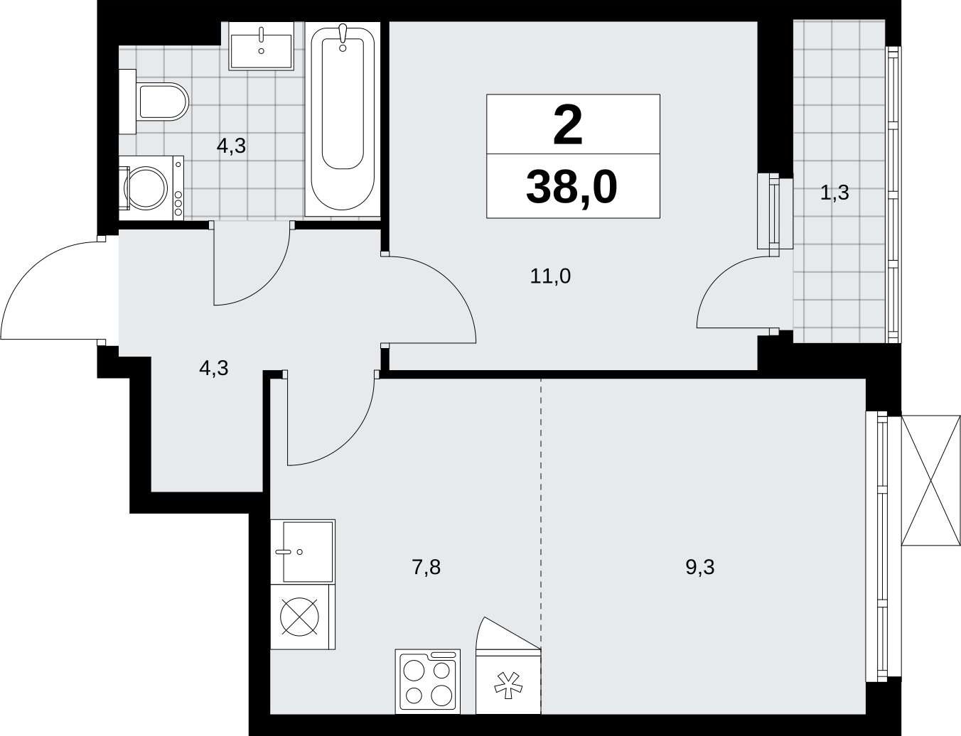 2-комнатная квартира (евро) с полной отделкой, 38 м2, 7 этаж, сдача 3 квартал 2026 г., ЖК Дзен-кварталы, корпус 6.1.3 - объявление 2327856 - фото №1