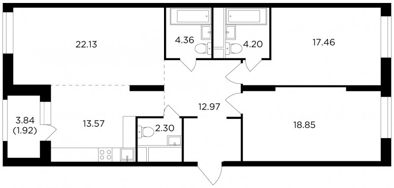 3-комнатная квартира без отделки, 97.76 м2, 21 этаж, сдача 2 квартал 2022 г., ЖК КутузовGRAD 2, корпус 5 - объявление 1748599 - фото №1