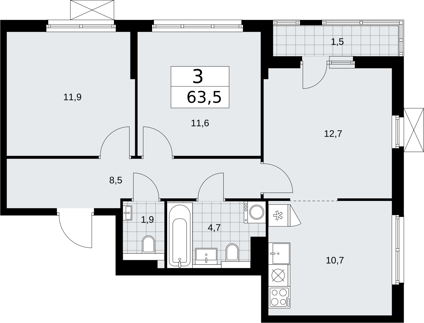 3-комнатная квартира с полной отделкой, 63.5 м2, 4 этаж, сдача 2 квартал 2026 г., ЖК Бунинские кварталы, корпус 7.1 - объявление 2319569 - фото №1