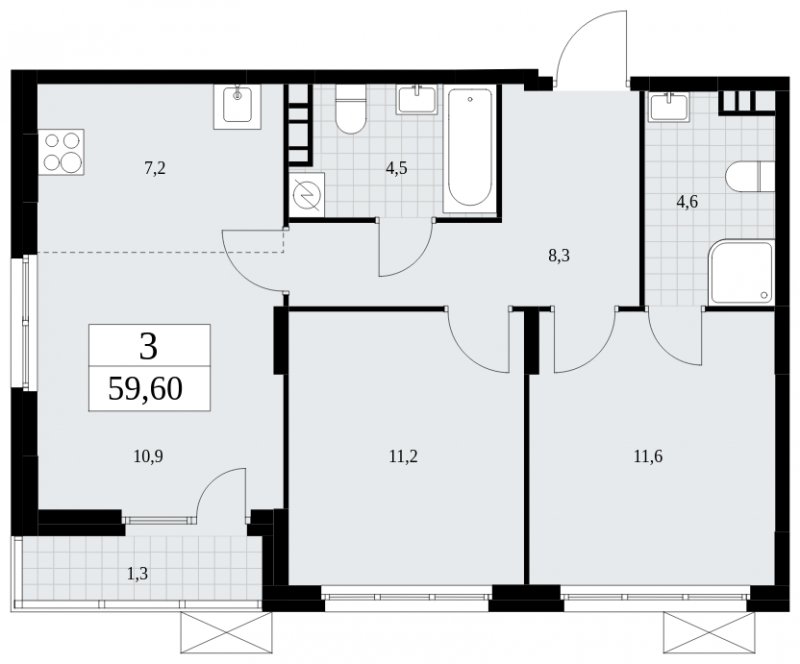 3-комнатная квартира (евро) с частичной отделкой, 59.6 м2, 3 этаж, сдача 4 квартал 2024 г., ЖК Скандинавия, корпус 35.1.1 - объявление 1780122 - фото №1