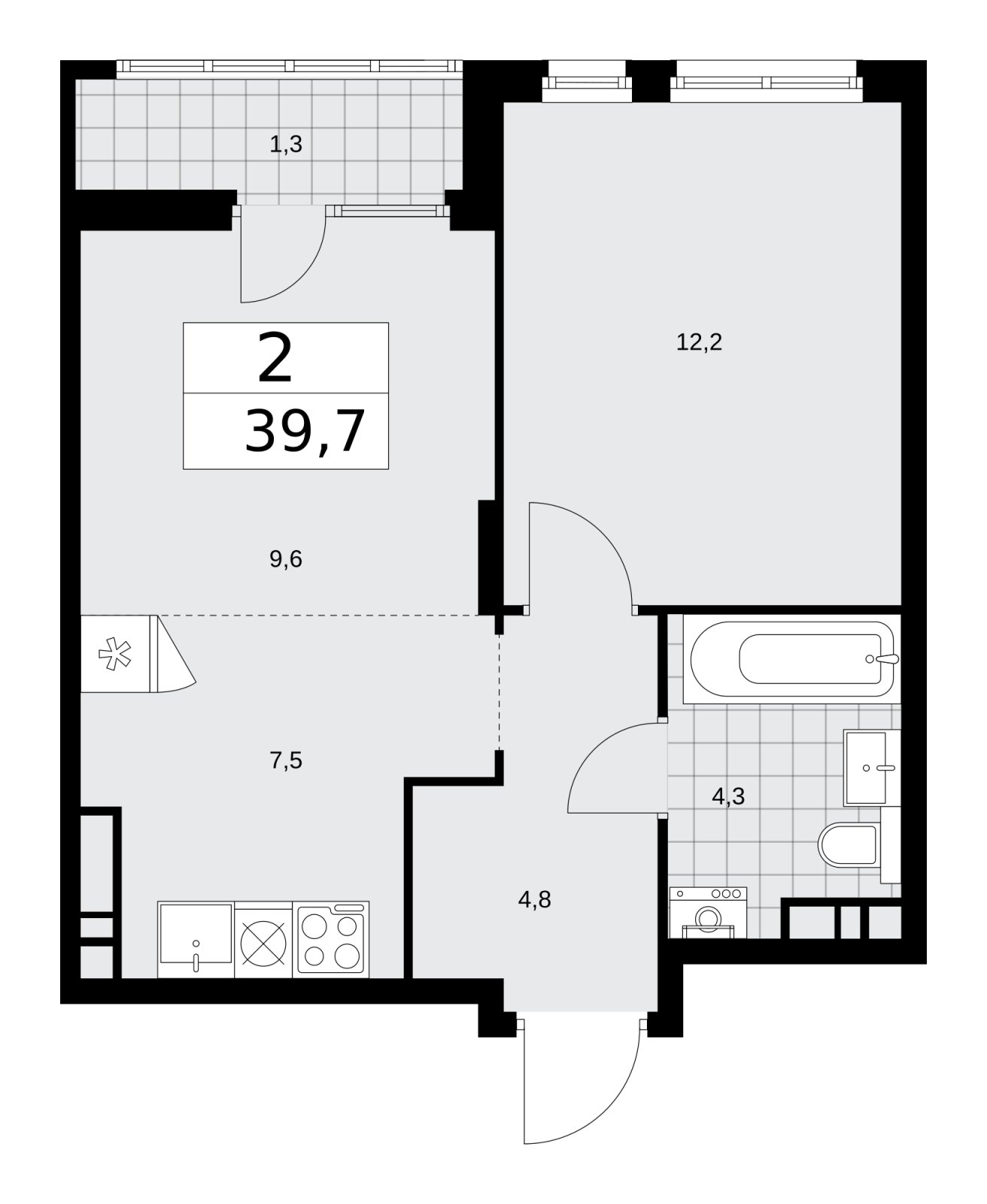 2-комнатная квартира (евро) с полной отделкой, 39.7 м2, 11 этаж, сдача 2 квартал 2026 г., ЖК Деснаречье, корпус 4.8 - объявление 2265305 - фото №1