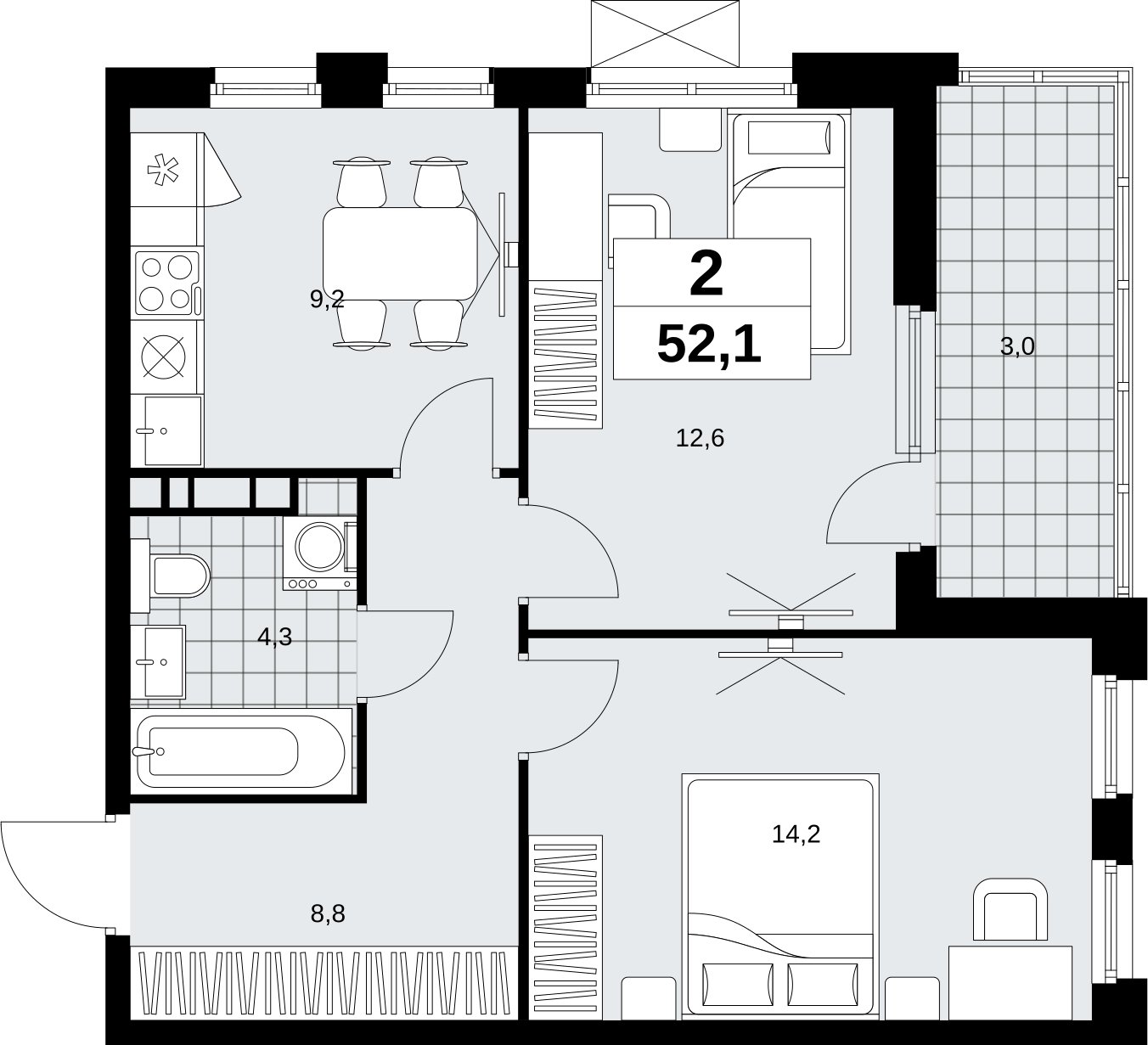 2-комнатная квартира без отделки, 52.1 м2, 13 этаж, сдача 4 квартал 2026 г., ЖК Скандинавия, корпус 2.18.2.6 - объявление 2351812 - фото №1