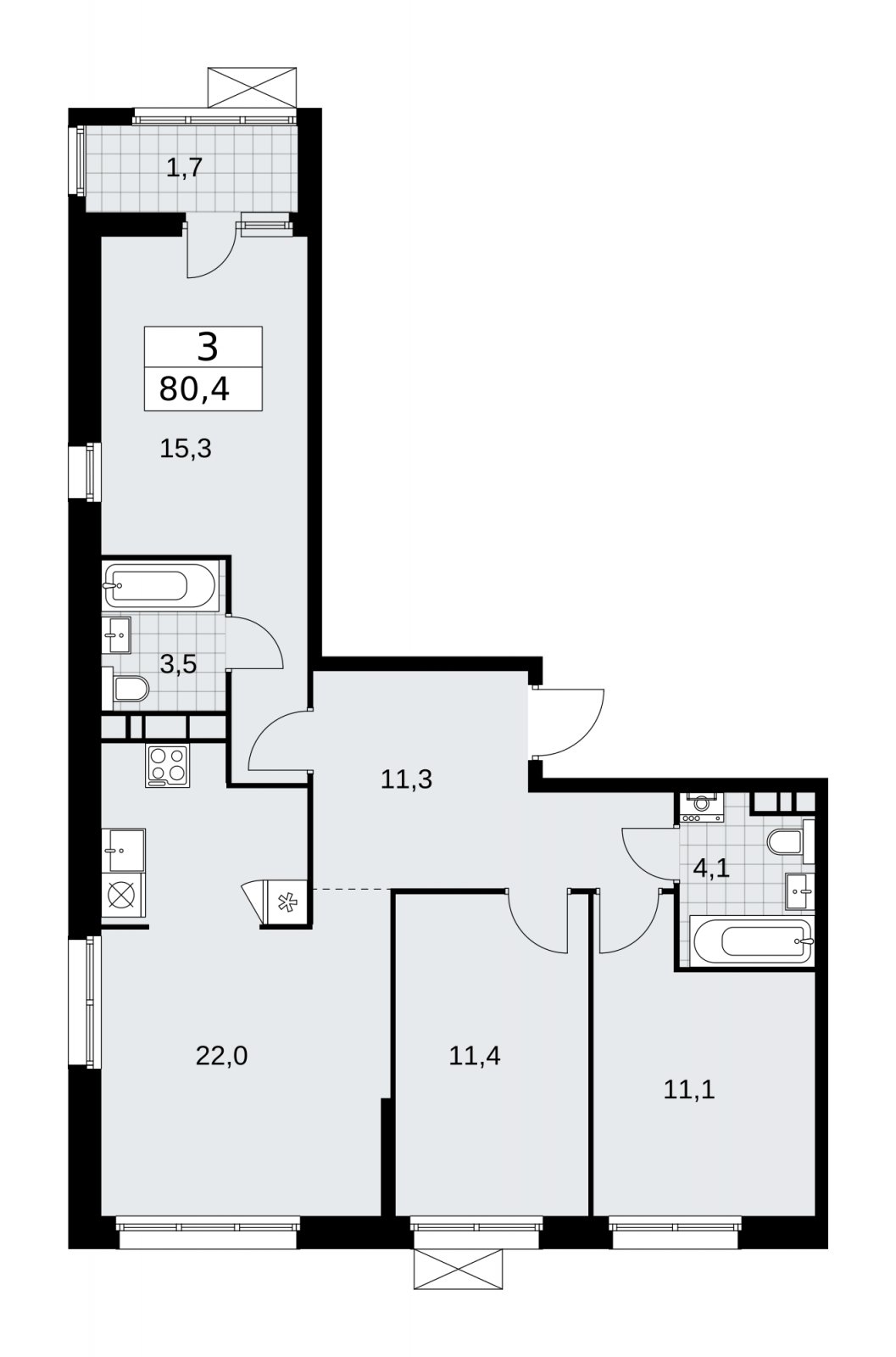 3-комнатная квартира без отделки, 80.4 м2, 6 этаж, сдача 1 квартал 2026 г., ЖК Дзен-кварталы, корпус 4.3 - объявление 2251625 - фото №1