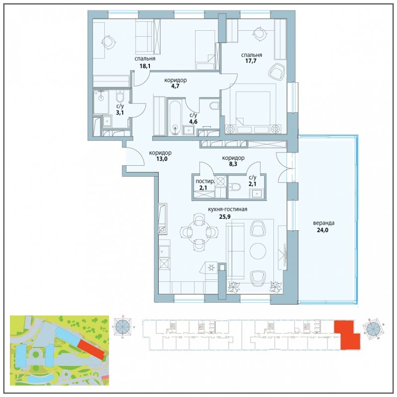 4-комнатная квартира (евро) с полной отделкой, 123.8 м2, 14 этаж, сдача 3 квартал 2023 г., ЖК Символ, корпус 18 (квартал "Смелость") - объявление 1799257 - фото №1