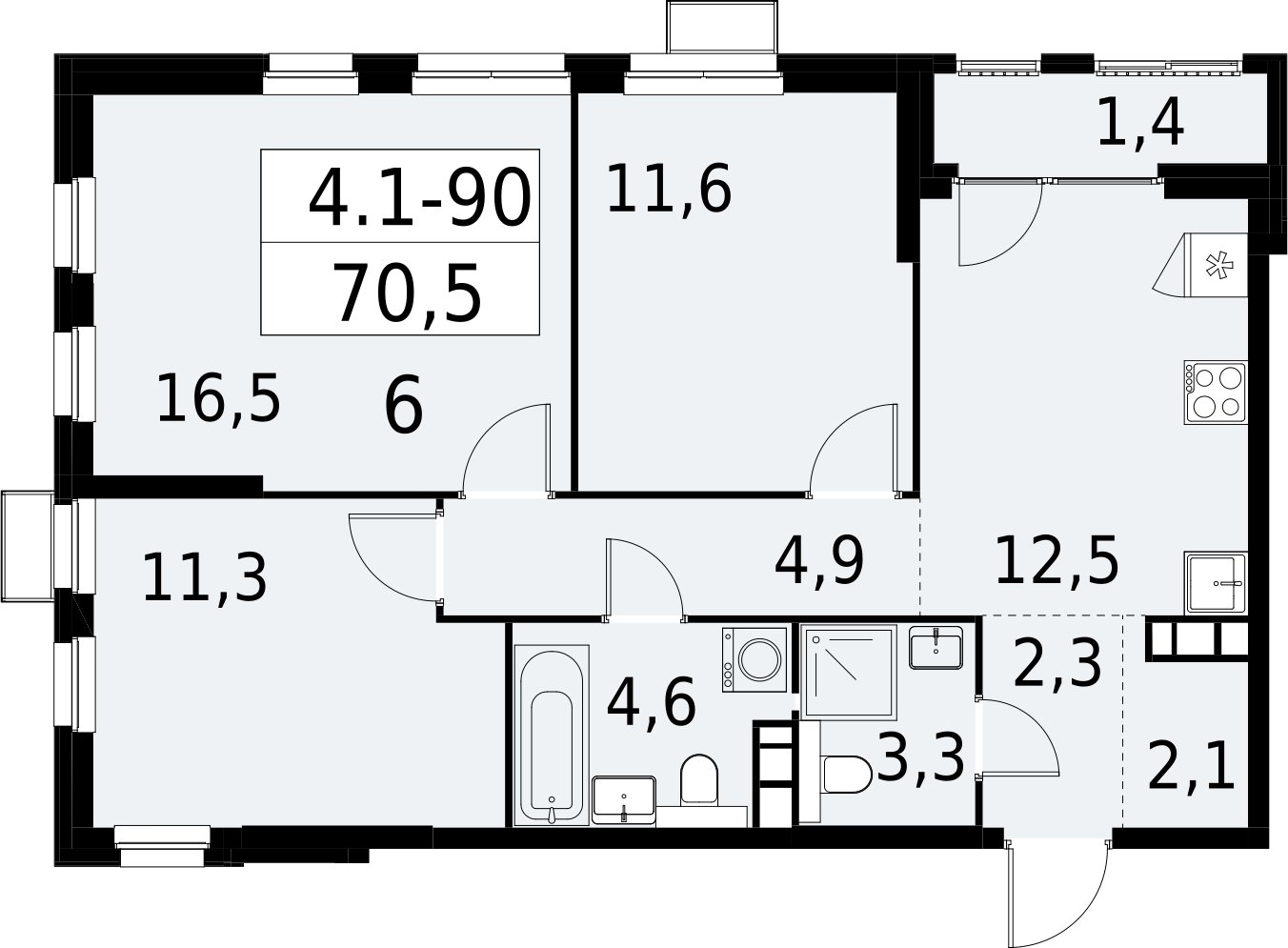 3-комнатная квартира с полной отделкой, 70.5 м2, 16 этаж, сдача 2 квартал 2027 г., ЖК Южные сады, корпус 4.1.1 - объявление 2392631 - фото №1